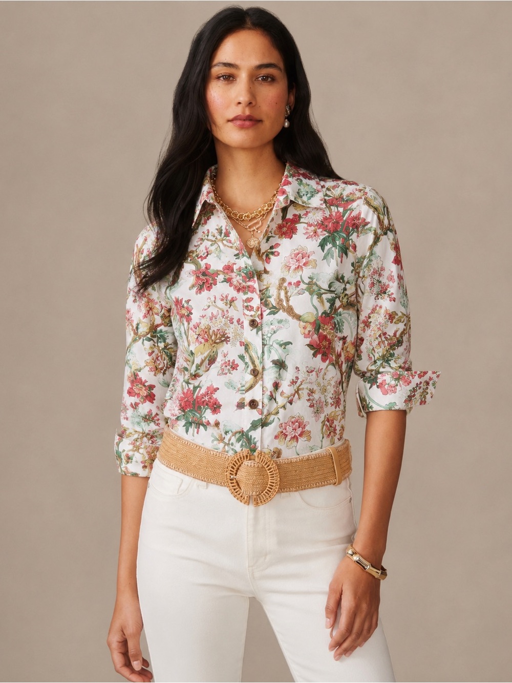 Tommy Bahama Women’s Floral Button Front Shirt XS White Cotton Long Sleeve